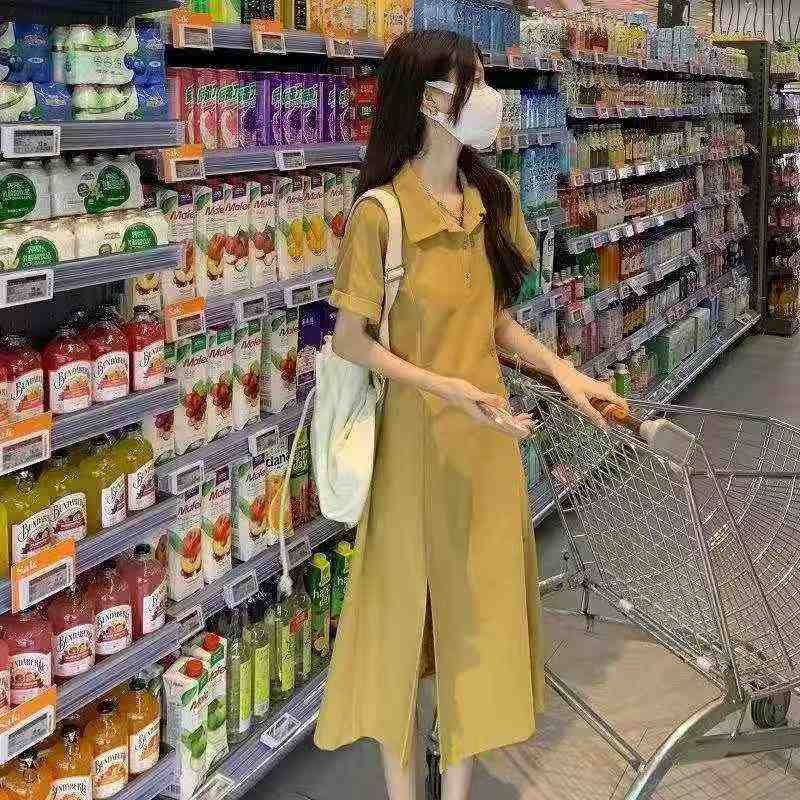 Women's slit POLO collar long dress