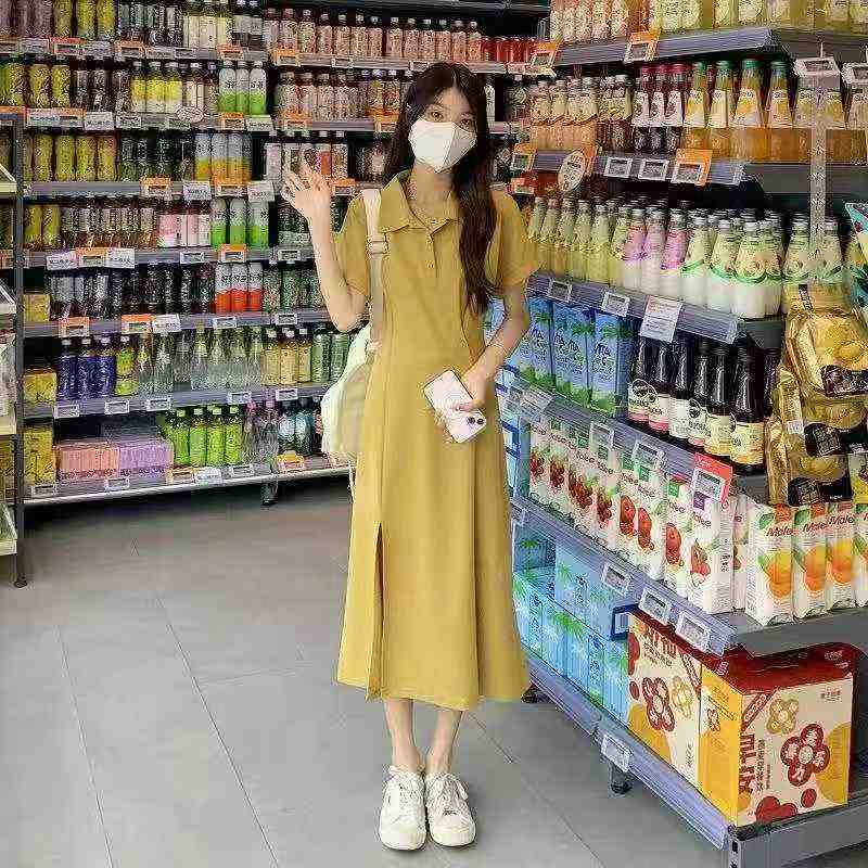 Women's slit POLO collar long dress