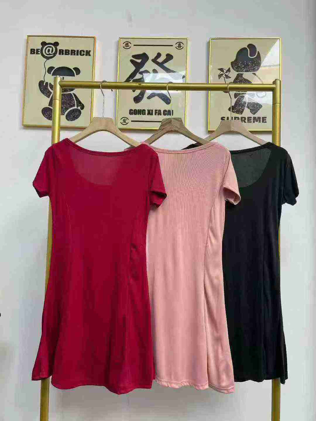 Women's French-style short petite round-neck fitted short-sleeved dress