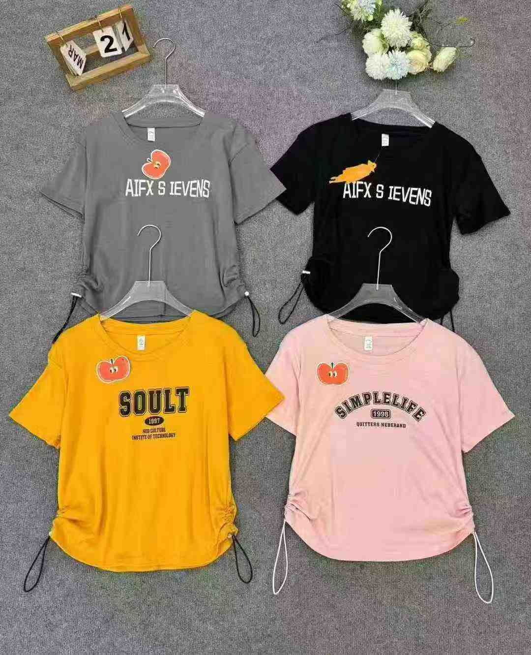 Women drawstring retro T-shirts