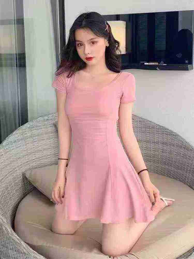 Women's French-style short petite round-neck fitted short-sleeved dress