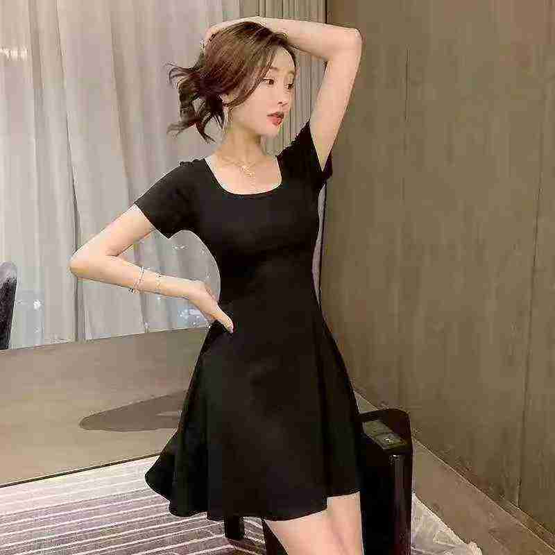 Women's French-style short petite round-neck fitted short-sleeved dress