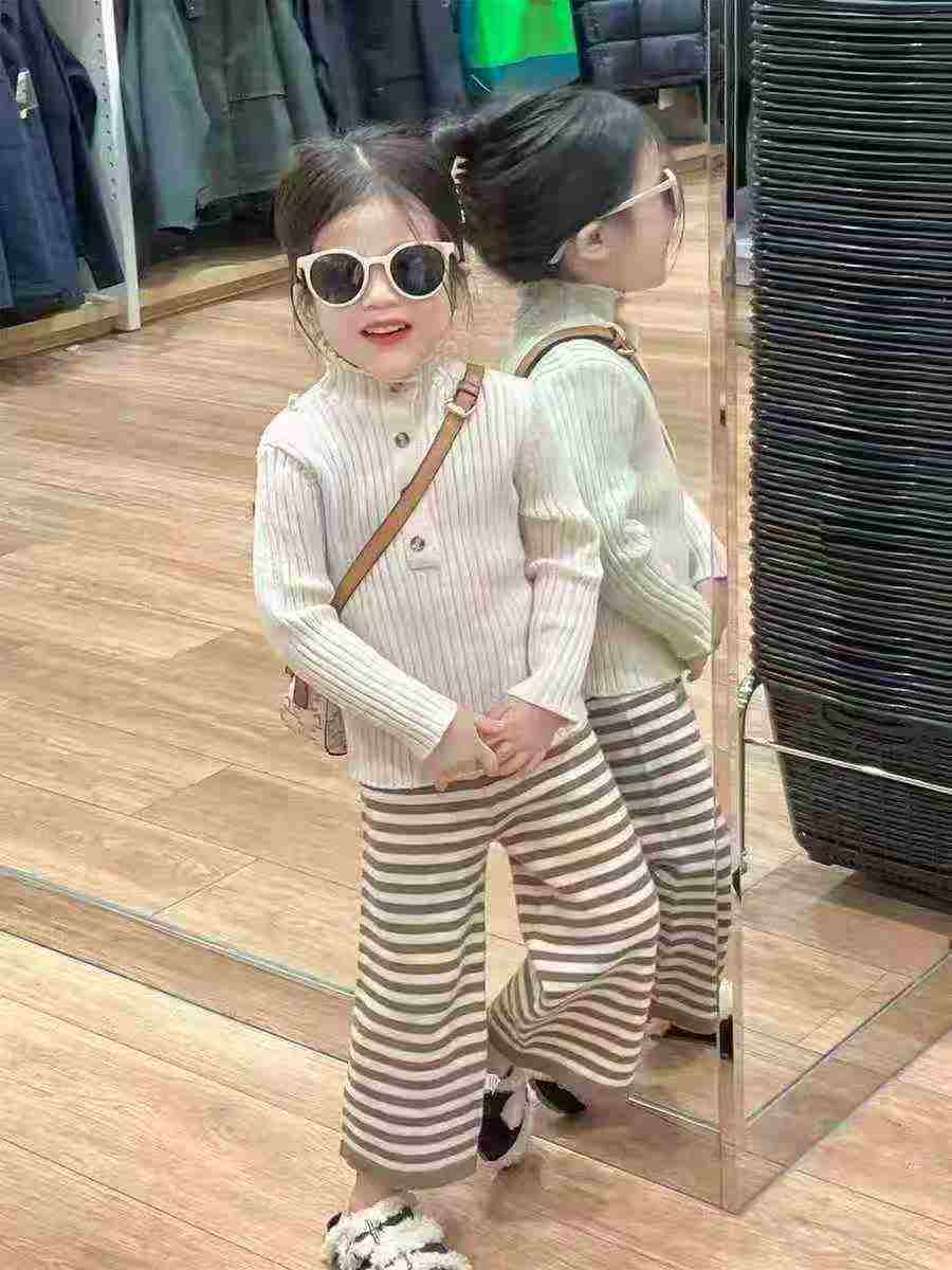 Kid's light brown striped fleece thickened straight-leg pants