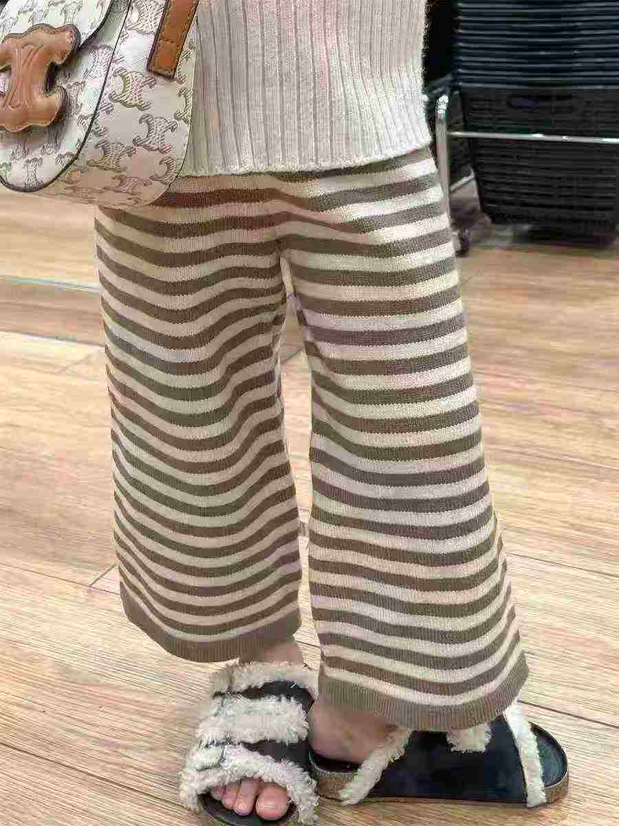 Kid's light brown striped fleece thickened straight-leg pants