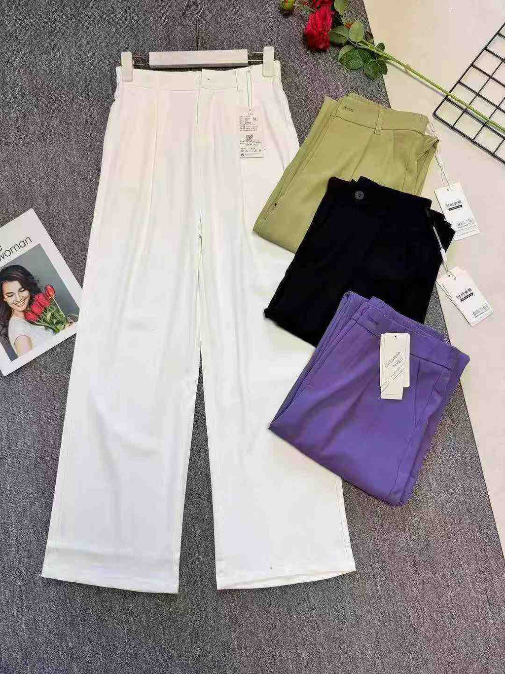 Women's slim high-waist casual straight-leg wide-leg pants