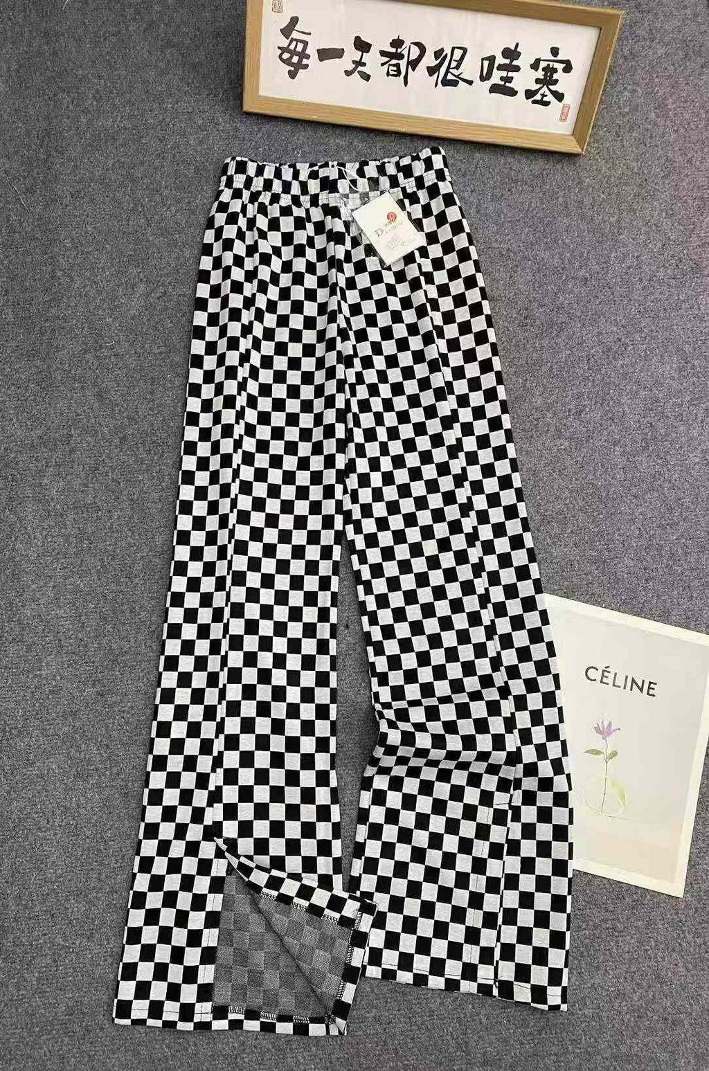 Women chess grid flared pants