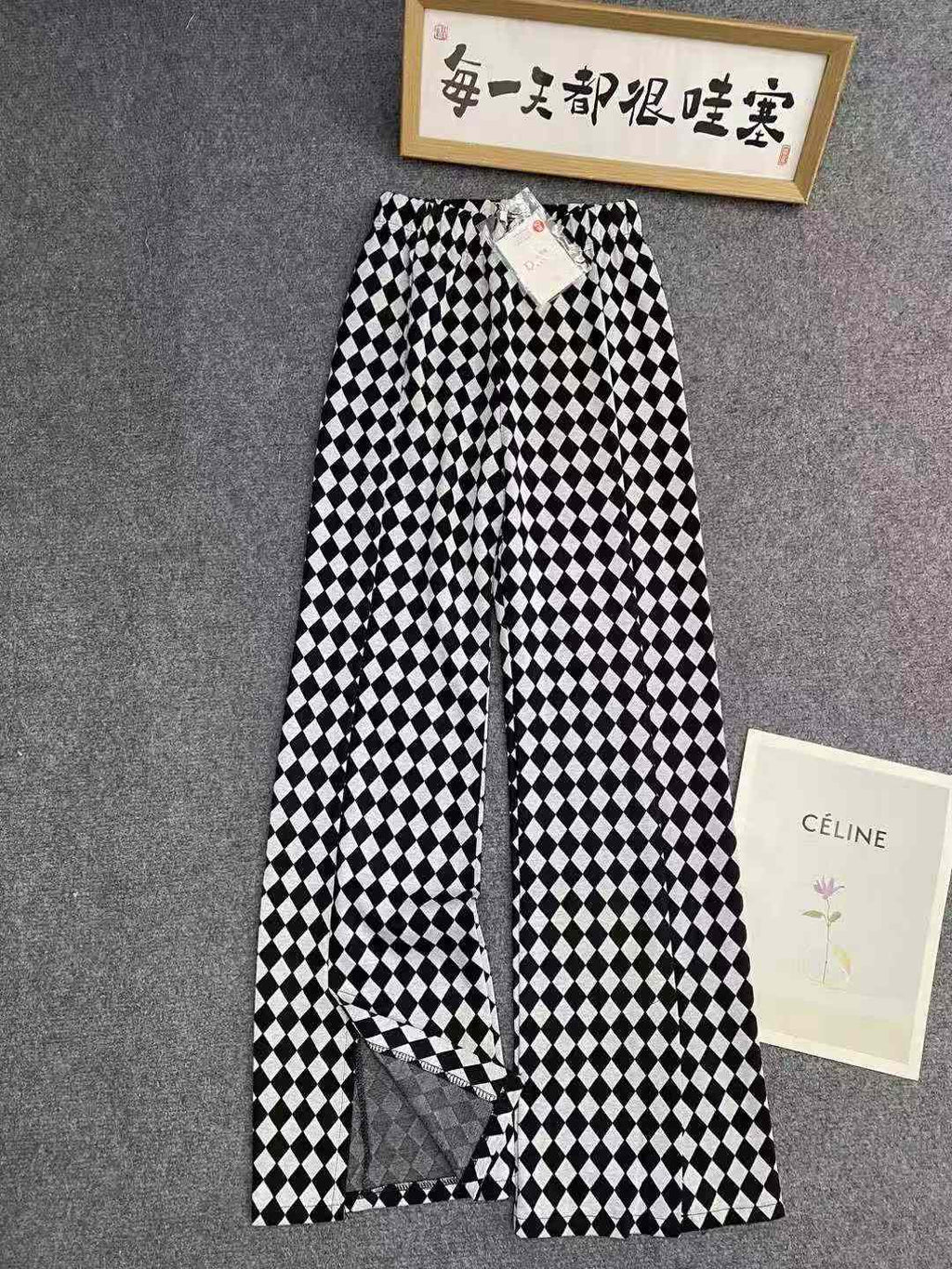 Women chess grid flared pants