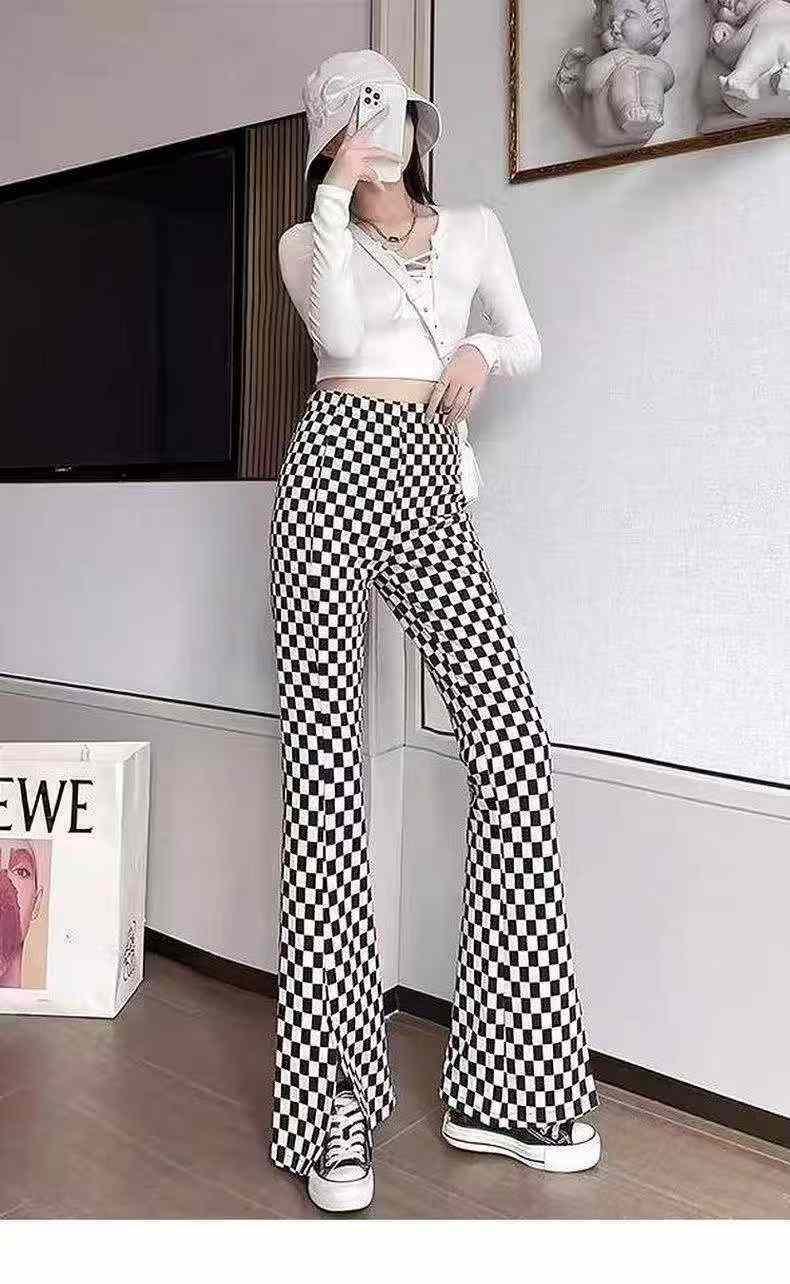 Women chess grid flared pants