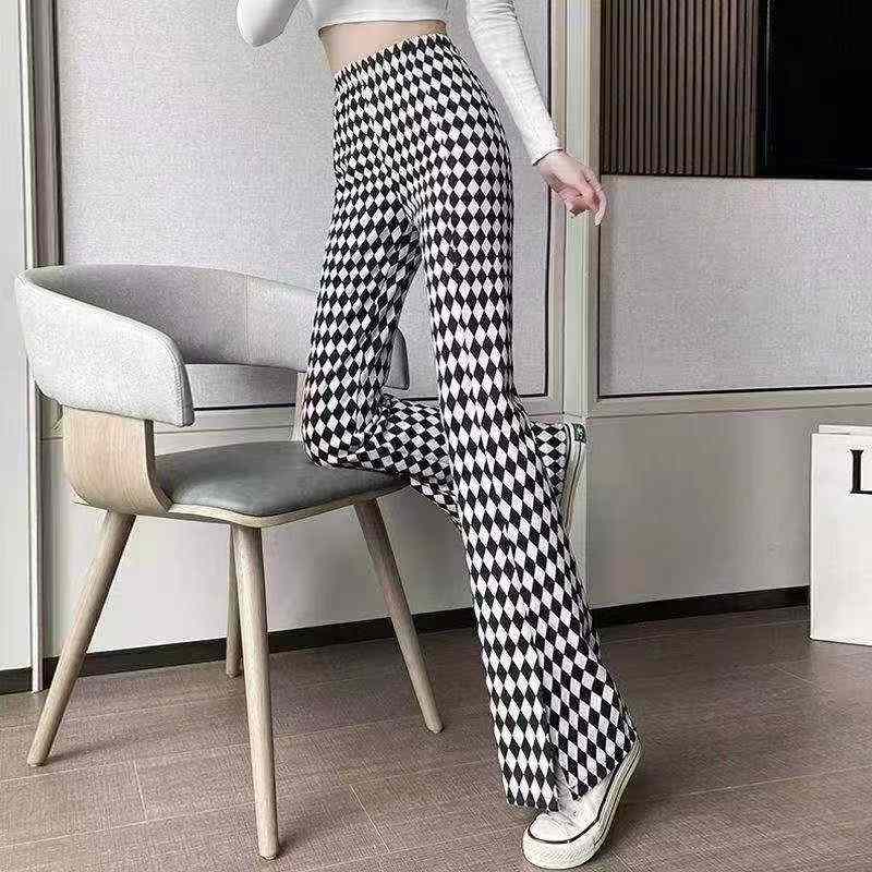 Women chess grid flared pants