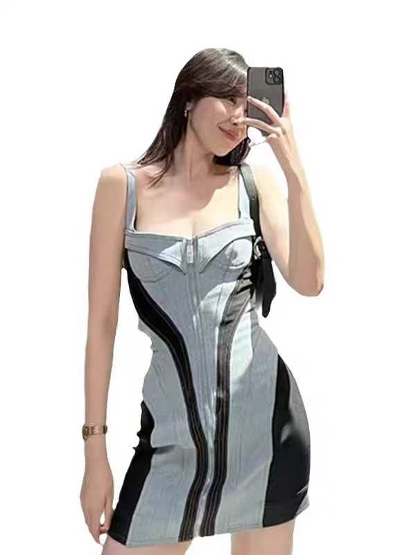 Women Mesh fabric patchwork denim dress