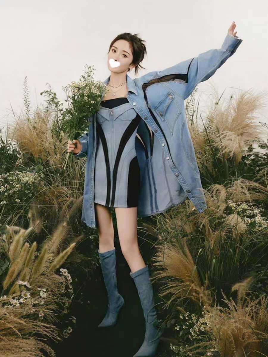 Women Mesh fabric patchwork denim dress