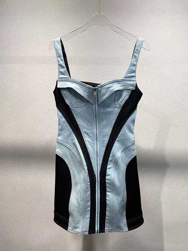 Women Mesh fabric patchwork denim dress